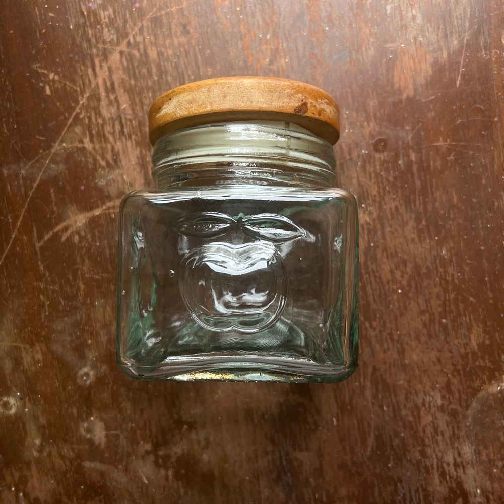 Vintage Clear Glass Canister Jar w/ Wood Lid Embossed 3D Apple Design Farmhouse